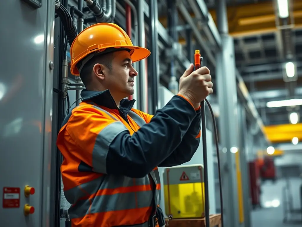 An electrician performing routine maintenance on electrical equipment in an industrial setting, emphasizing the importance of regular upkeep.