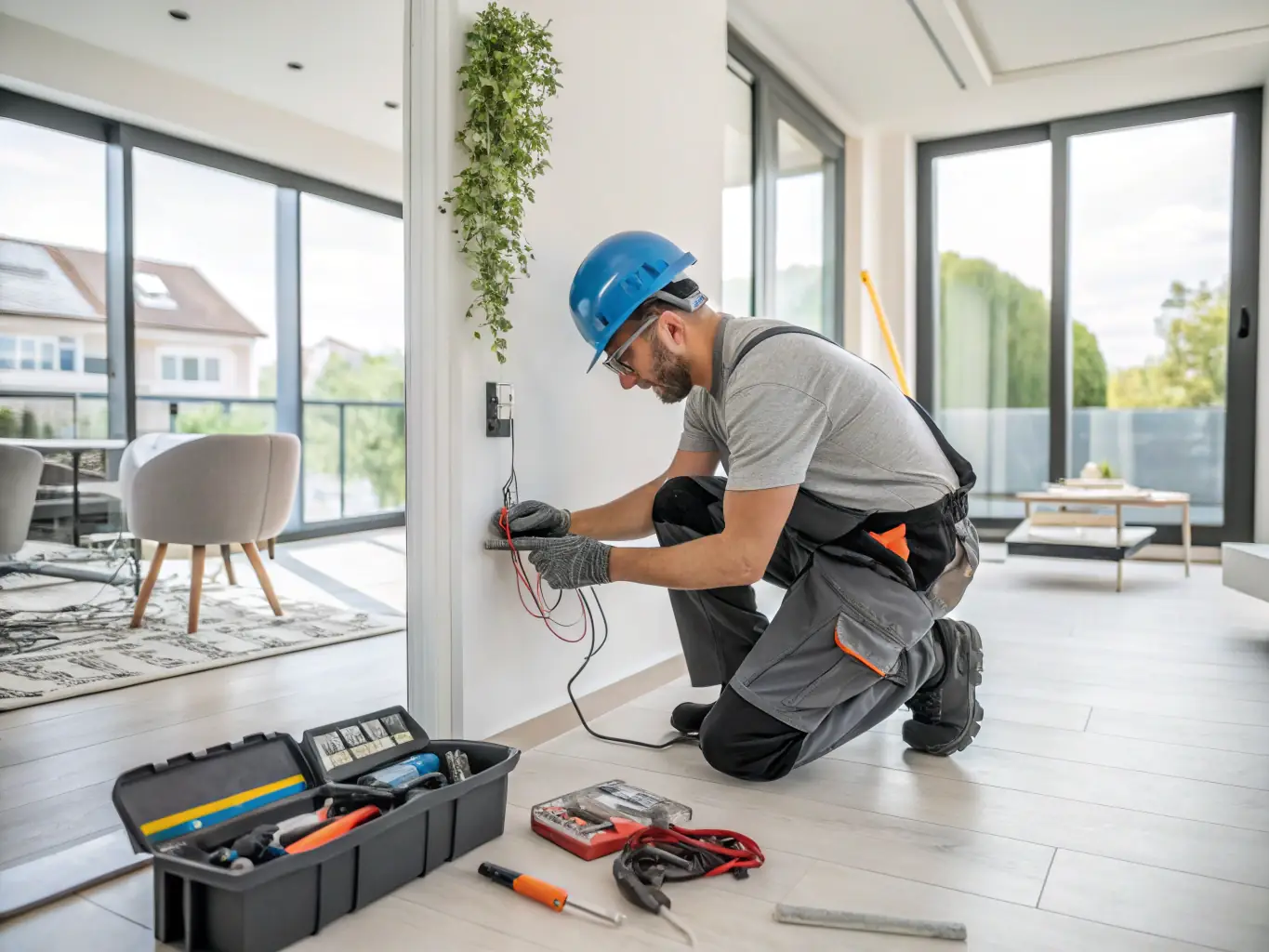 An electrician installing new electrical wiring in a modern residential building, showcasing the precision and expertise involved in electrical installations.