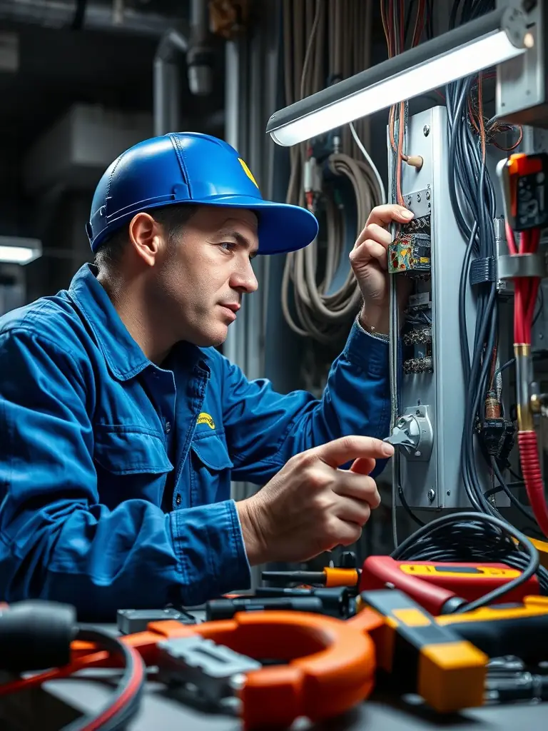 An electrician repairing electrical wiring in a commercial building, demonstrating Tunc GmbH's maintenance and repair services.
