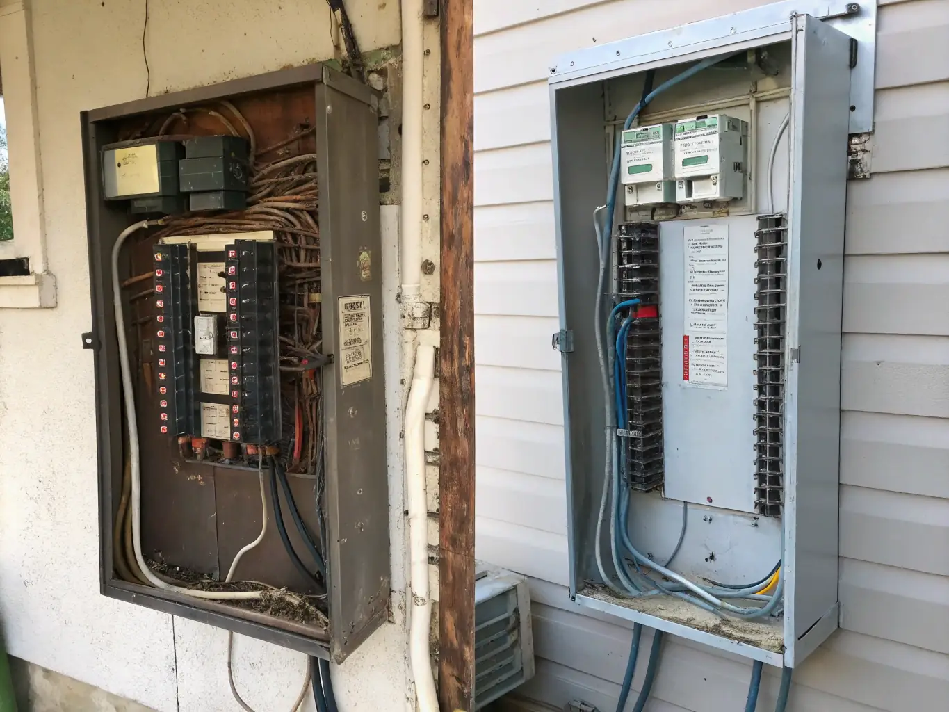 A before-and-after image showcasing an upgraded electrical panel in a commercial building, highlighting the improvements in safety and efficiency.