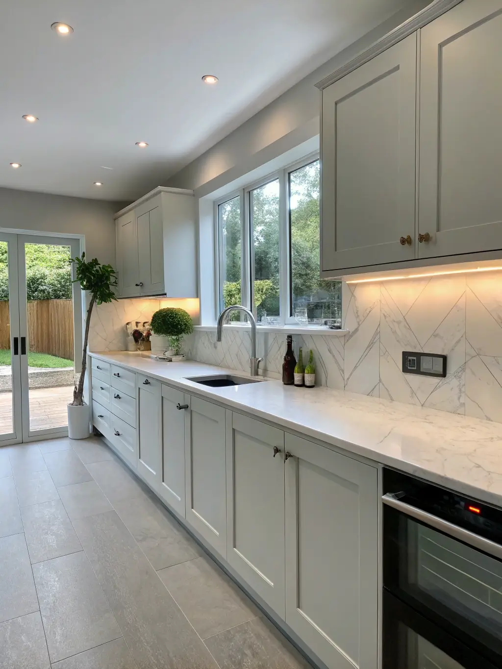 A modern kitchen with newly installed, energy-efficient LED lighting, showcasing Tunc GmbH's expertise in residential electrical installations.
