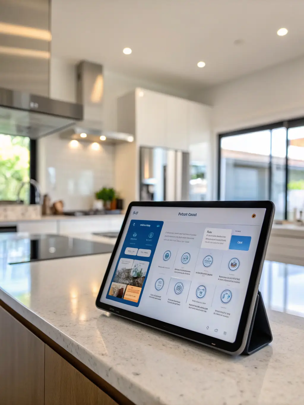 A smart home system interface on a tablet, controlling lights, temperature, and security, highlighting Tunc GmbH's smart home solutions.